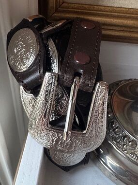 Women's Dark Brown Leather Belt with Decorative Silver Western Buckle